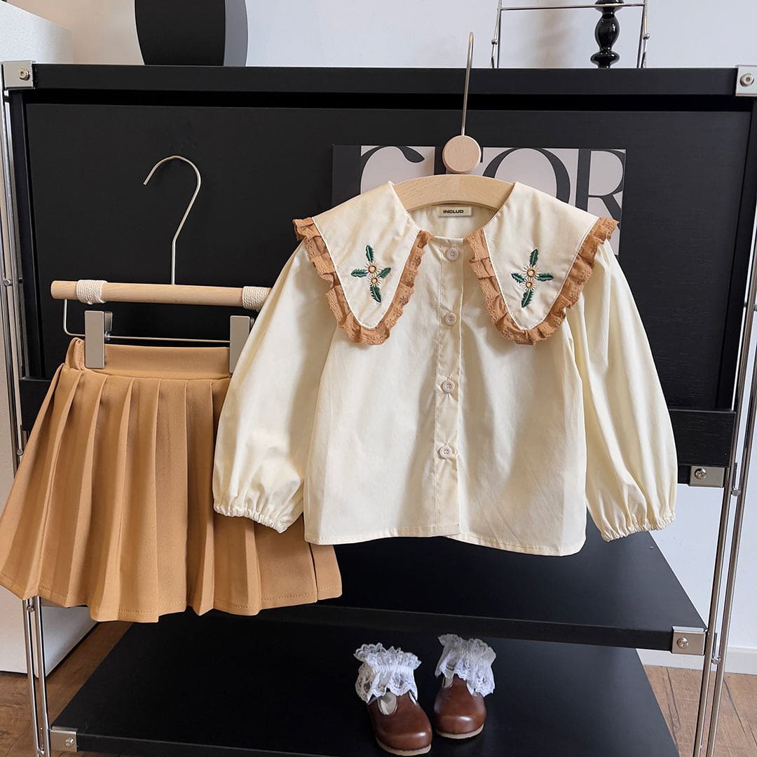 Girls Long Sleeve Peter Pan Collar Top With Skirt Sets Beige 1-2 Y 