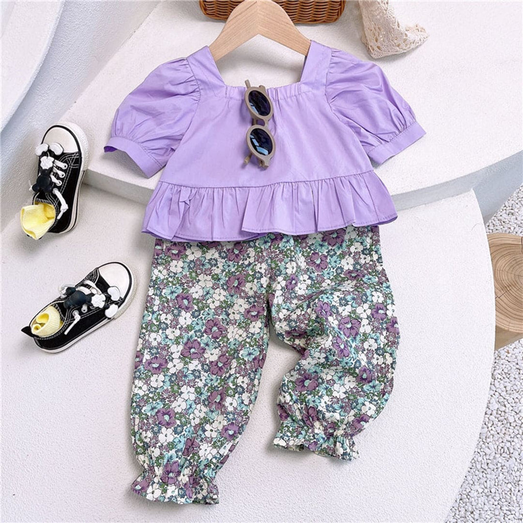 Girls Puff Sleeve Square Neck Top With Printed Pants
