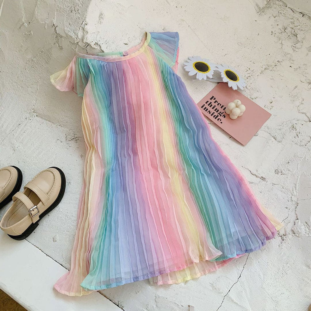 Girls Short Sleeve Rainbow Pleated Dress