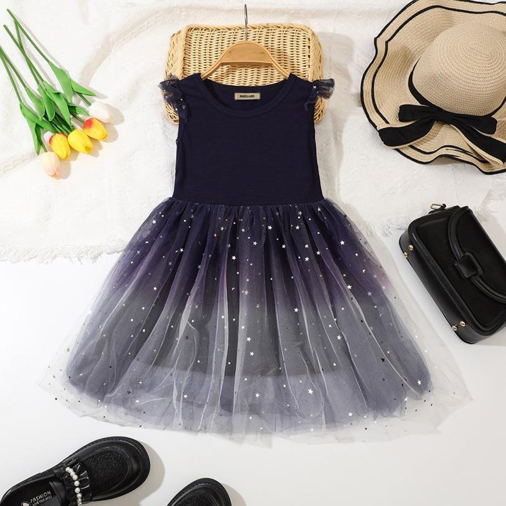 Girls Sleeveless Star Print Dress Casual Dresses Blue 2-3 Y 
