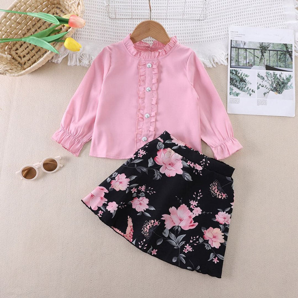 Girls Long Sleeve Frill Neck Top With Printed Skirt