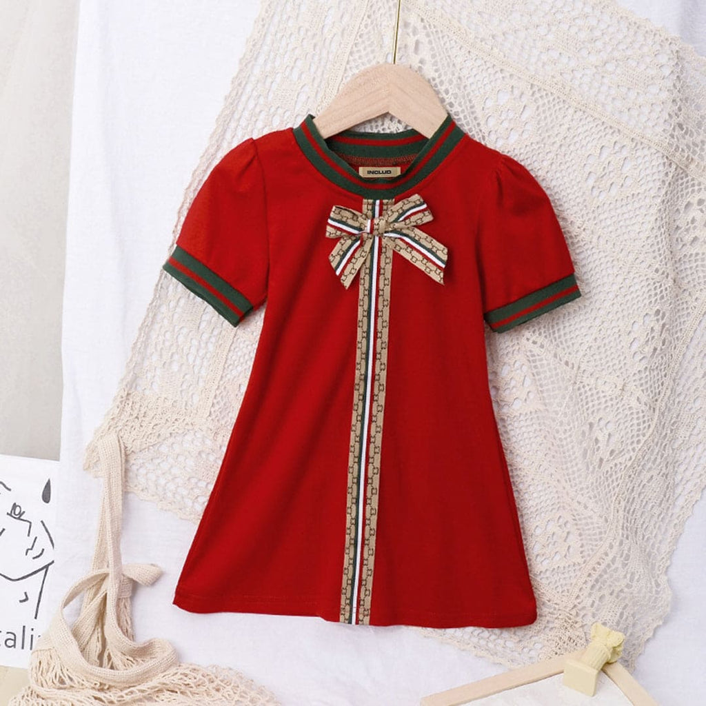 Girls Red Short Sleeve Rib Neck Dress With Bow Applique Casual Dresses Red 2-3 Y 