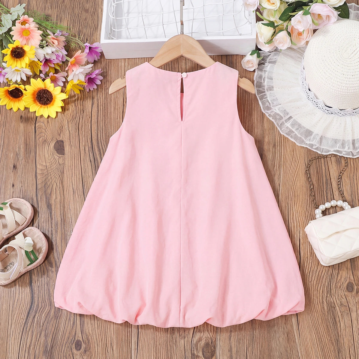 Girls Light Pink Kitty Applique Sleeveless Balloon Dress Casual Dresses