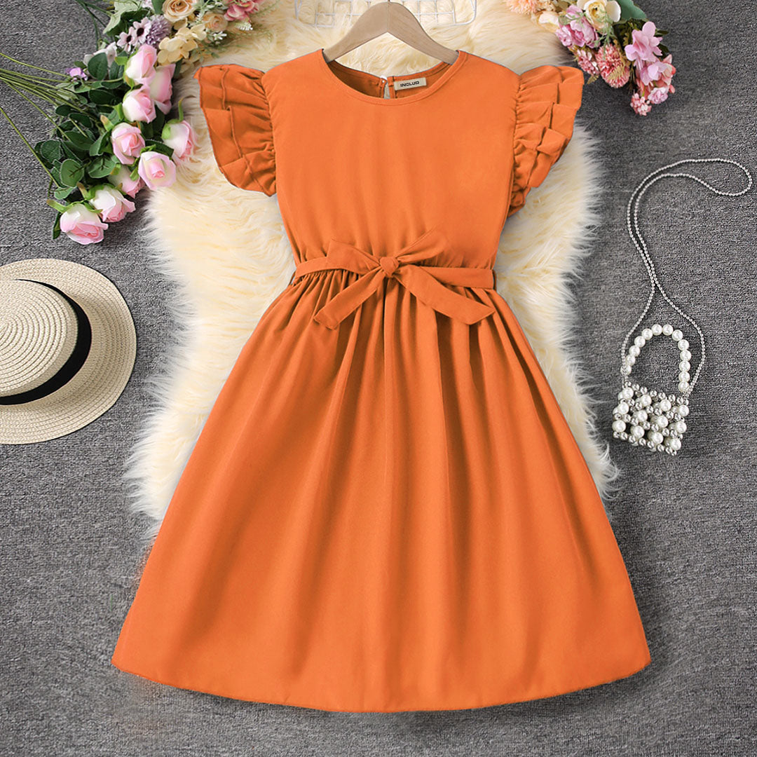 Girls Orange Flutter Sleeves Casual Dress Casual Dresses Orange 8-9 Y