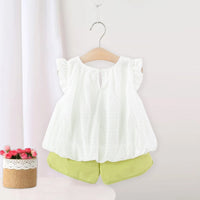 Girls White Textured Sleeveless Top With Elasticated Shorts Sets 2 pc. Sets