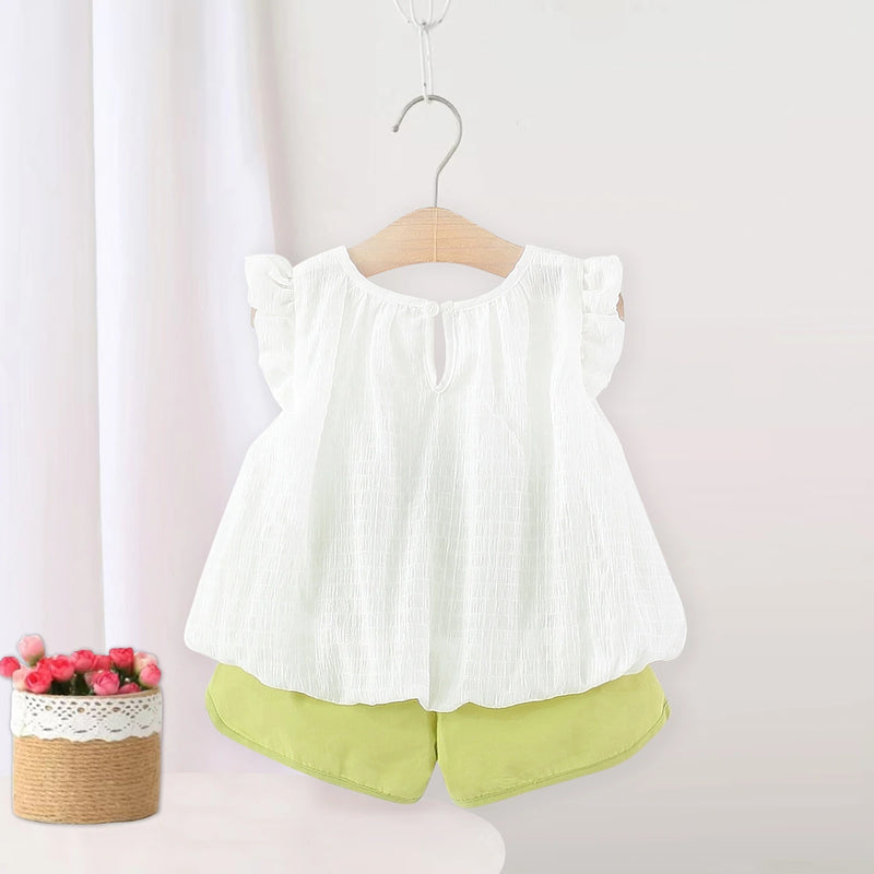 Girls White Textured Sleeveless Top With Elasticated Shorts Sets 2 pc. Sets