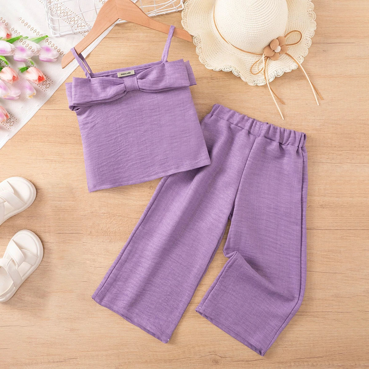 Girls Purple Textured Sleeveless Crop Top With Pants Co-ord Sets Sets Purple 1-2 Y