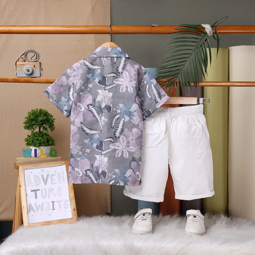 Boys Grey Tropical Print Short Sleeve Shirt With Elasticated Shorts Sets Sets