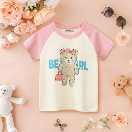 Girls Teddy Print Short Sleeves T-shirt Tshirts Pink 1-2 Y 