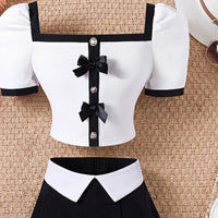 Girls White Bow Applique Puff Sleeve Top With Skirt Sets 2 pc. Sets
