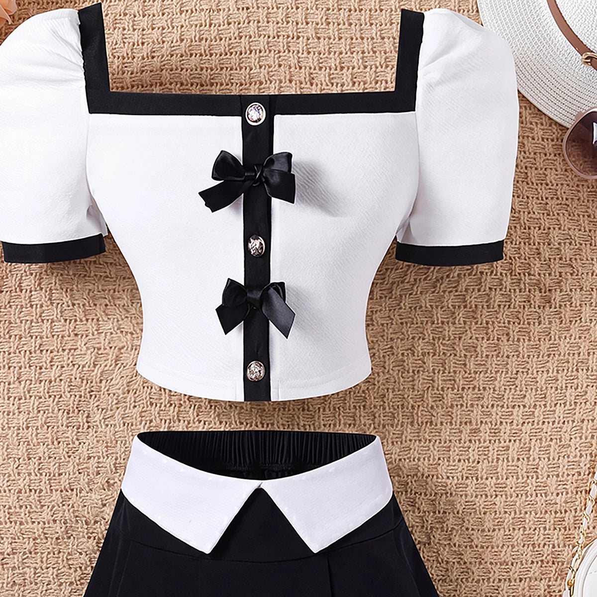 Girls White Bow Applique Puff Sleeve Top With Skirt Sets 2 pc. Sets
