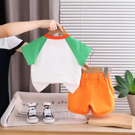Boys Green Dog Applique Raglan Sleeve T-Shirt With Double Pockets Shorts Sets Sets