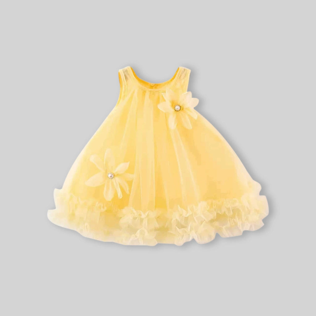 Girls Lime Yellow Flower Applique Tulle Overlay Sleeveless A-line Dress Casual Dresses