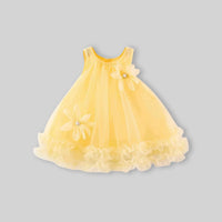 Girls Lime Yellow Flower Applique Tulle Overlay Sleeveless A-line Dress Casual Dresses