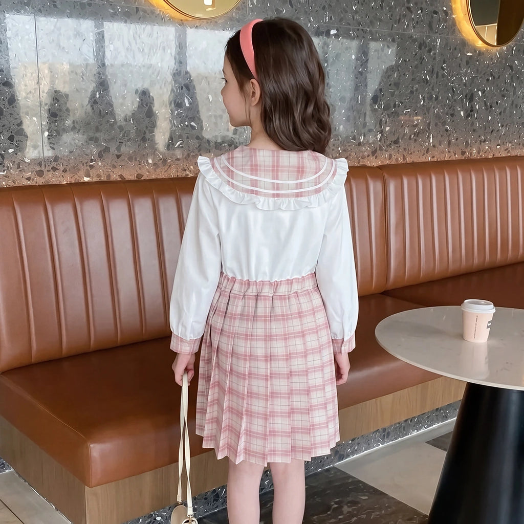 Girls Pink Checked Long Sleeve Fit & Flare Dress Casual Dresses