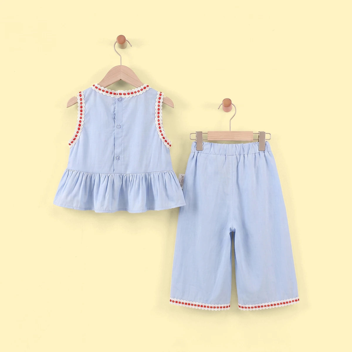 Girls Light Blue Bear Embroidered Sleeveless Top with Pants Sets 2 pc. Sets