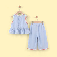 Girls Light Blue Bear Embroidered Sleeveless Top with Pants Sets 2 pc. Sets
