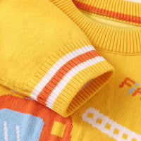 Boys Yellow Sweater With Self-Design Fire Truck Pattern Sweaters & Cardigans