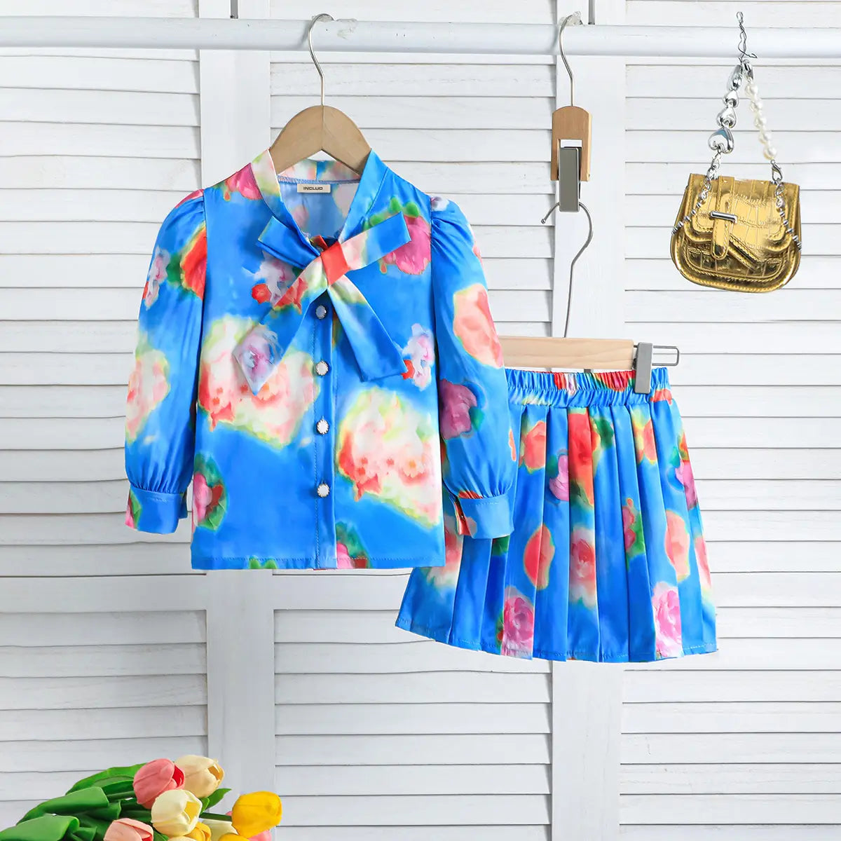 Girls Blue Floral Printed Top With Pleated Skirt Co-ord Sets Sets Blue 2-3 Y