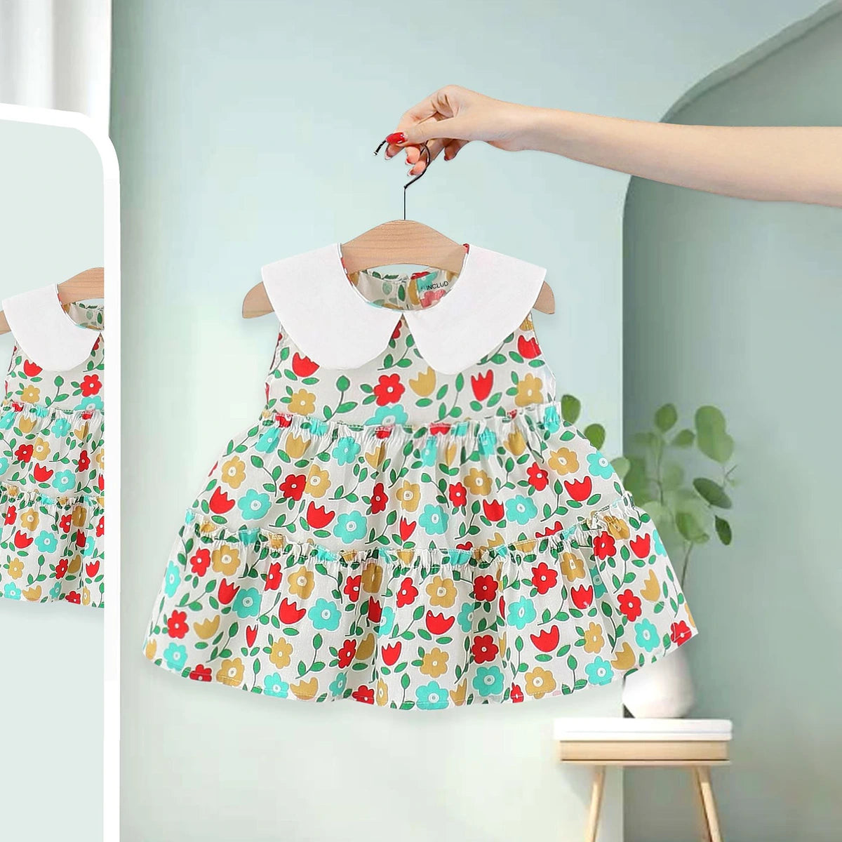 Girls Red Floral Print Peter Pan Collar Tiered Dress Casual Dresses Red 1-2 Y