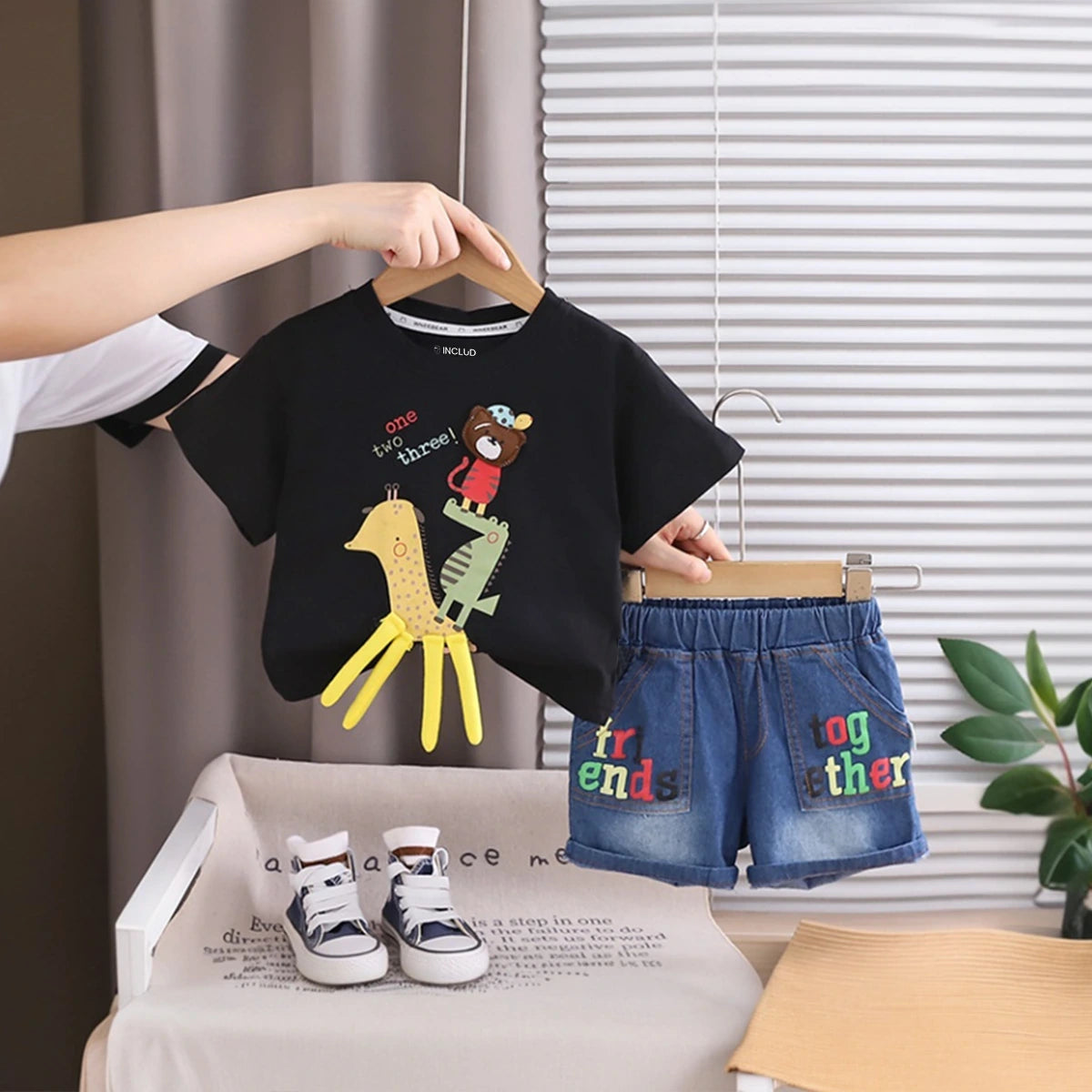 Boys Black Animal Applique Short Sleeve T-Shirt With Denim Shorts Sets 2 pc. Sets Black 1-2 Y