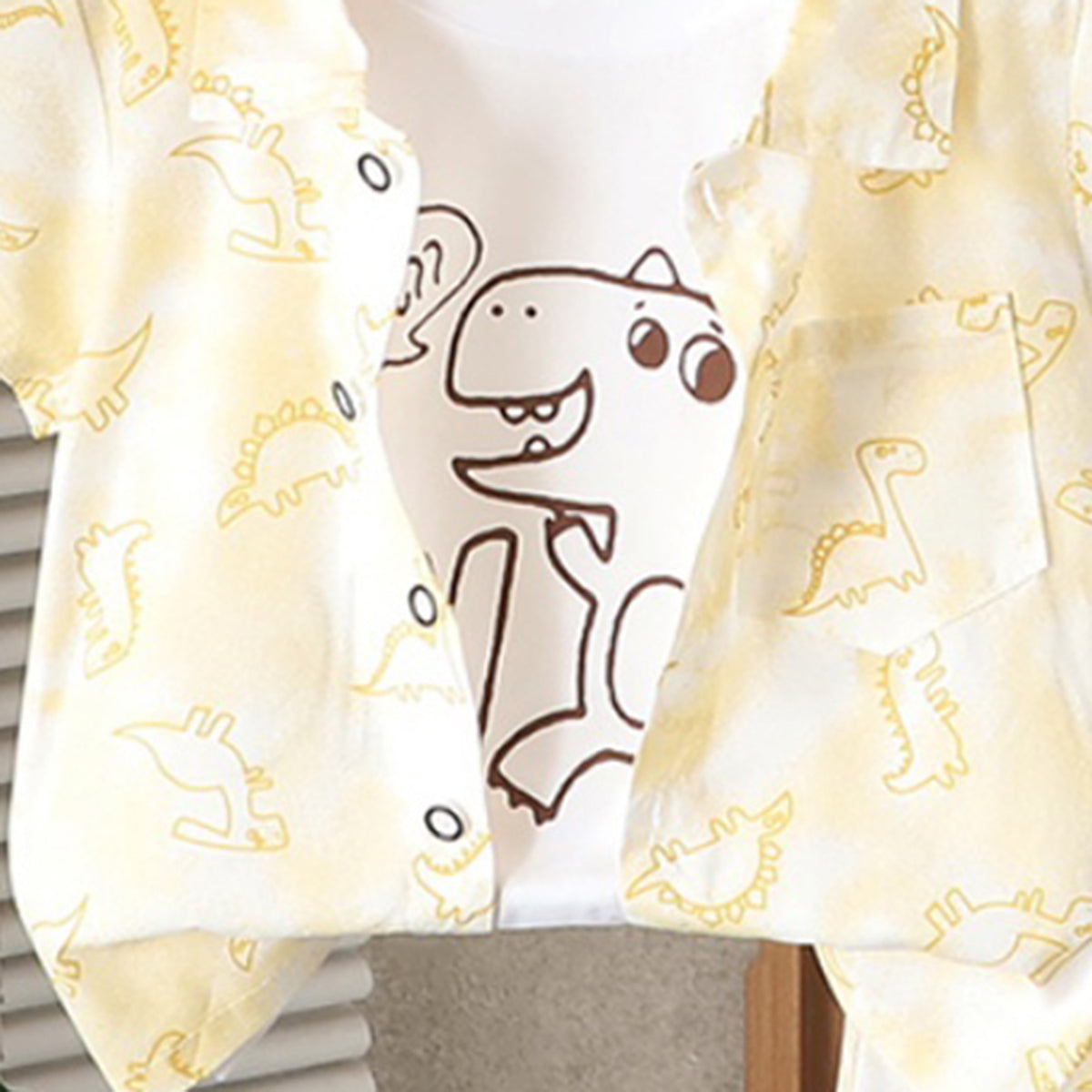 Boys Yellow Dinosaur Printed Shirt With Sleeveless T-Shirt And Shorts Set 3 pc. Sets