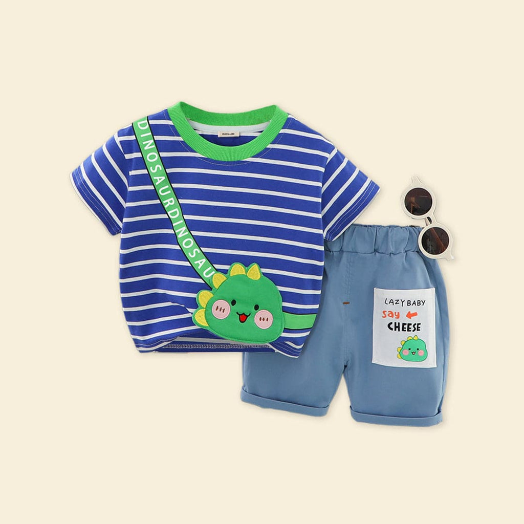 Boys Blue Striped Lion Applique T-Shirt With Denim Shorts Sets Blue 1-2 Y 