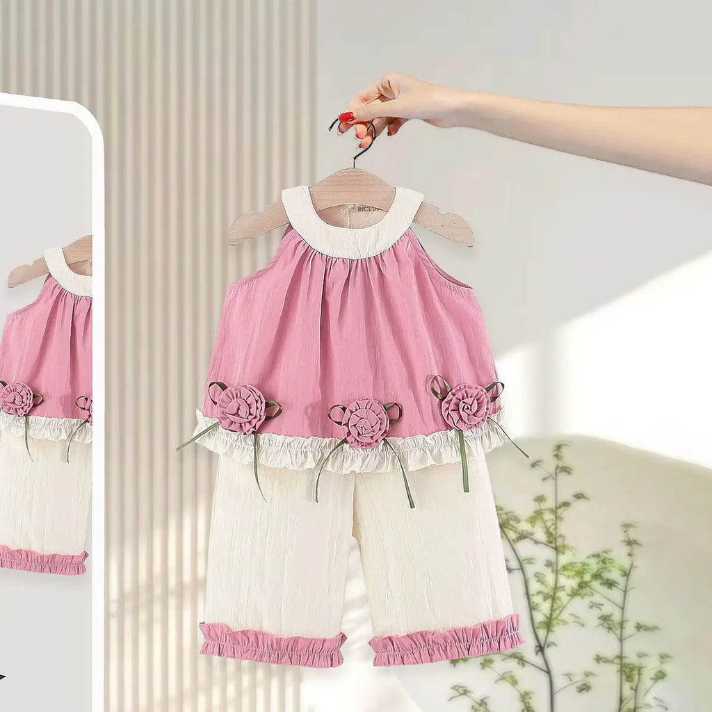 Girls Pink Rose Applique Sleeveless Top With Pants Sets Sets Pink 1-2 Y