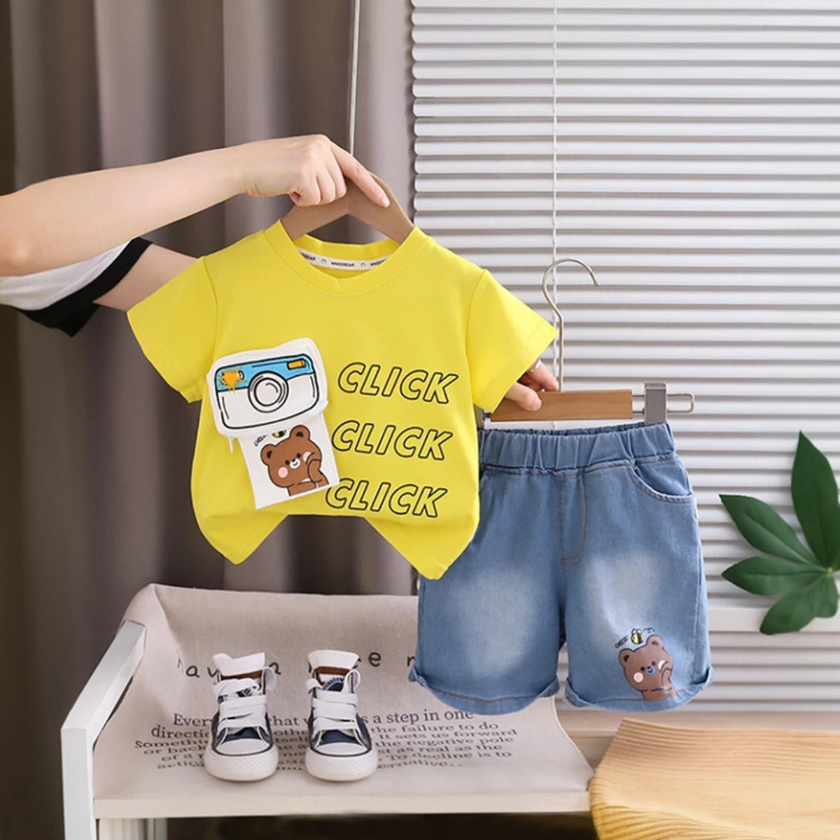 Boys Yellow Bear Camera Print Short Sleeve T-Shirt With Denim Shorts Sets 2 pc. Sets Yellow 1-2 Y
