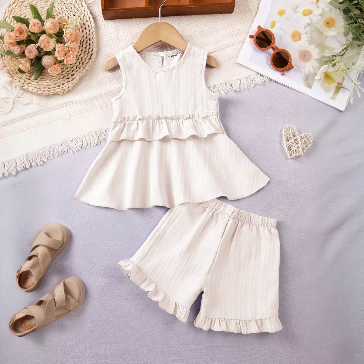 Girls Apricot Stripes Sleeveless Top With Ruffle Hem Shorts Co-ord Sets Sets Apricot 1-2 Y