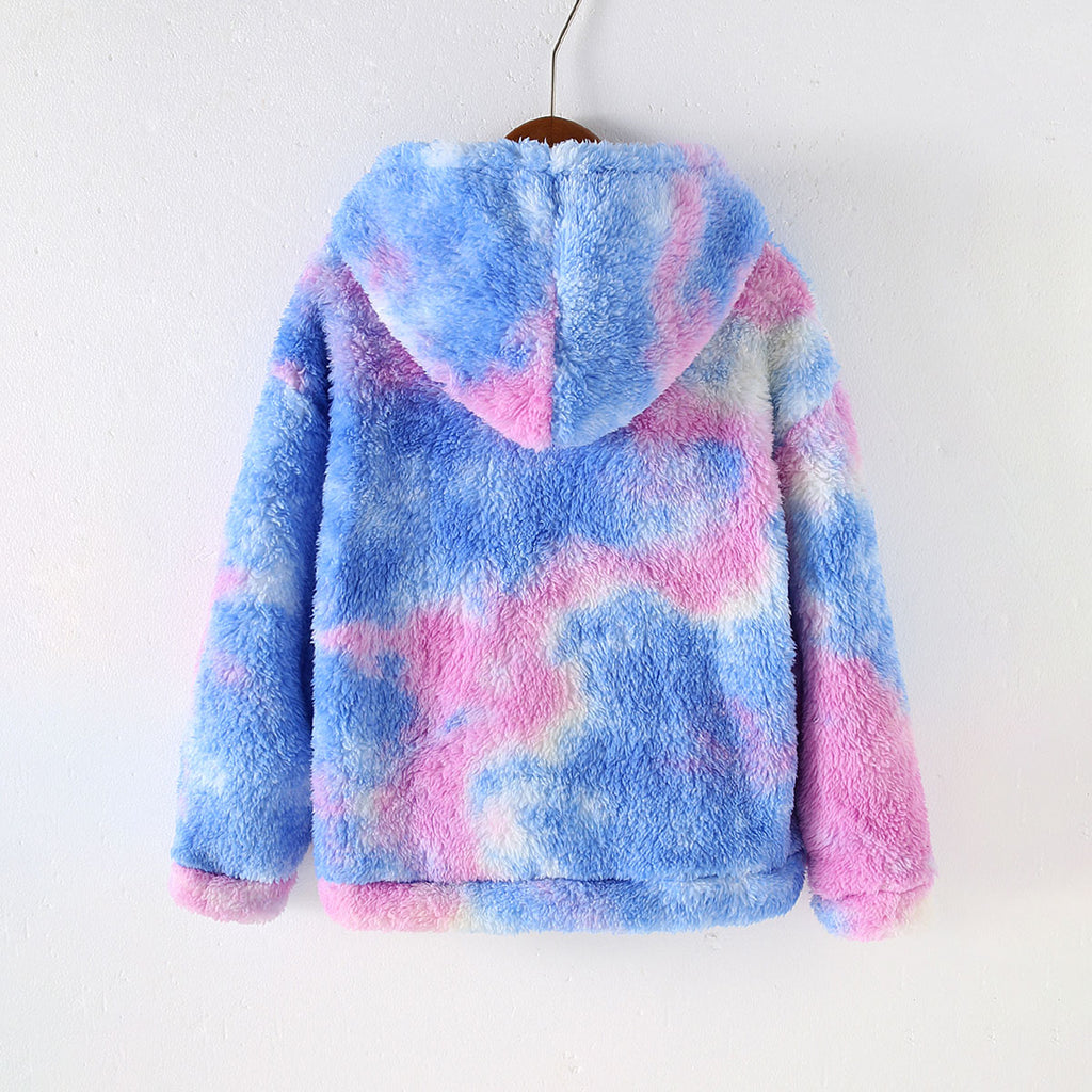 Girls Blue Tie Dye Printed Hooded Neck Pullover Winter Sweatshirt Sweatshirts & Hoodies