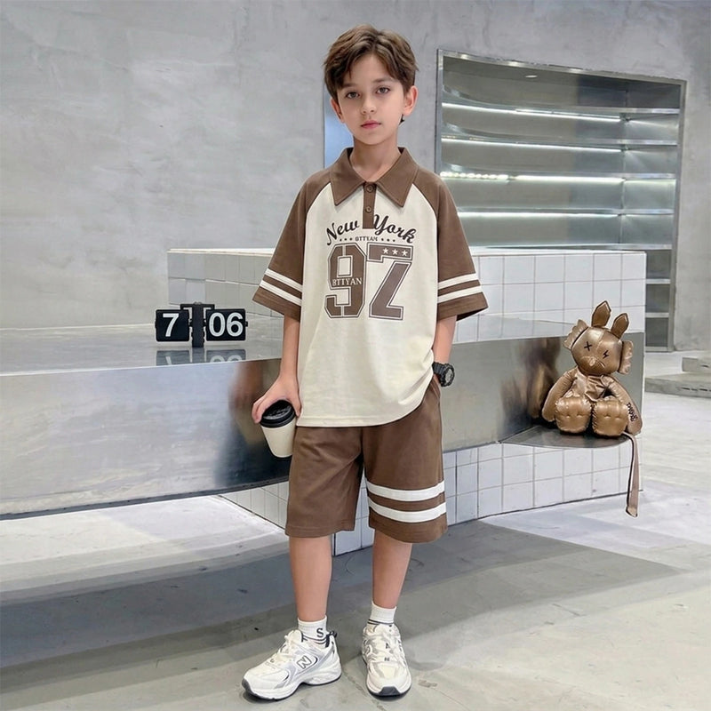 Boys Brown Typographic Short Sleeves Polo T-Shirt With Elasticated Shorts Sets Sets Brown 5-6 Y