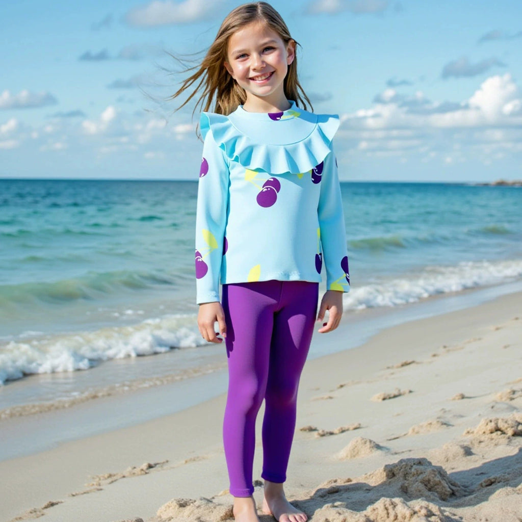 Girls Sky Blue Cherry Printed Top With Legging Swimwear Sets Sets