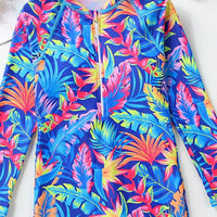 Girls Blue Tropical Printed Swimwear Bodysuit Beachwear