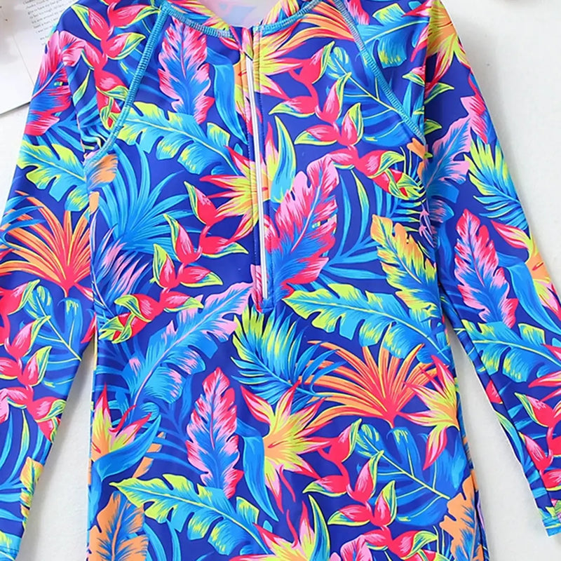 Girls Blue Tropical Printed Swimwear Bodysuit Beachwear