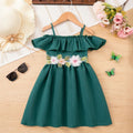 Girls Dark Green Off Shoulder Fit & Flare Dress With Embroidered Waistline Casual Dresses Dark Green 1-2 Y