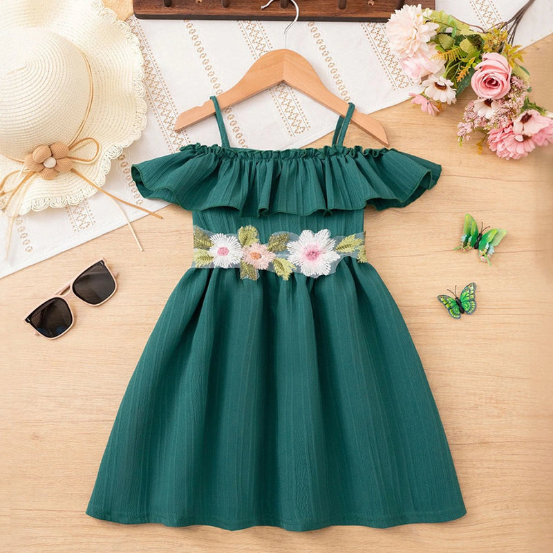Girls Dark Green Off Shoulder Fit & Flare Dress With Embroidered Waistline Casual Dresses Dark Green 1-2 Y