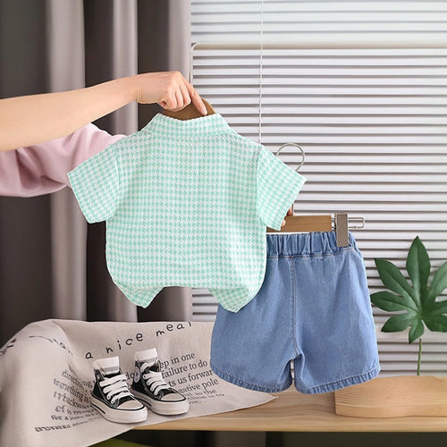 Boys Green Checked Short Sleeve Shirt With Denim Shorts Sets 2 pc. Sets