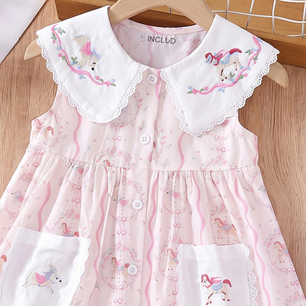 Girls Light Pink Printed Sleeveless A-Line Dress Casual Dresses