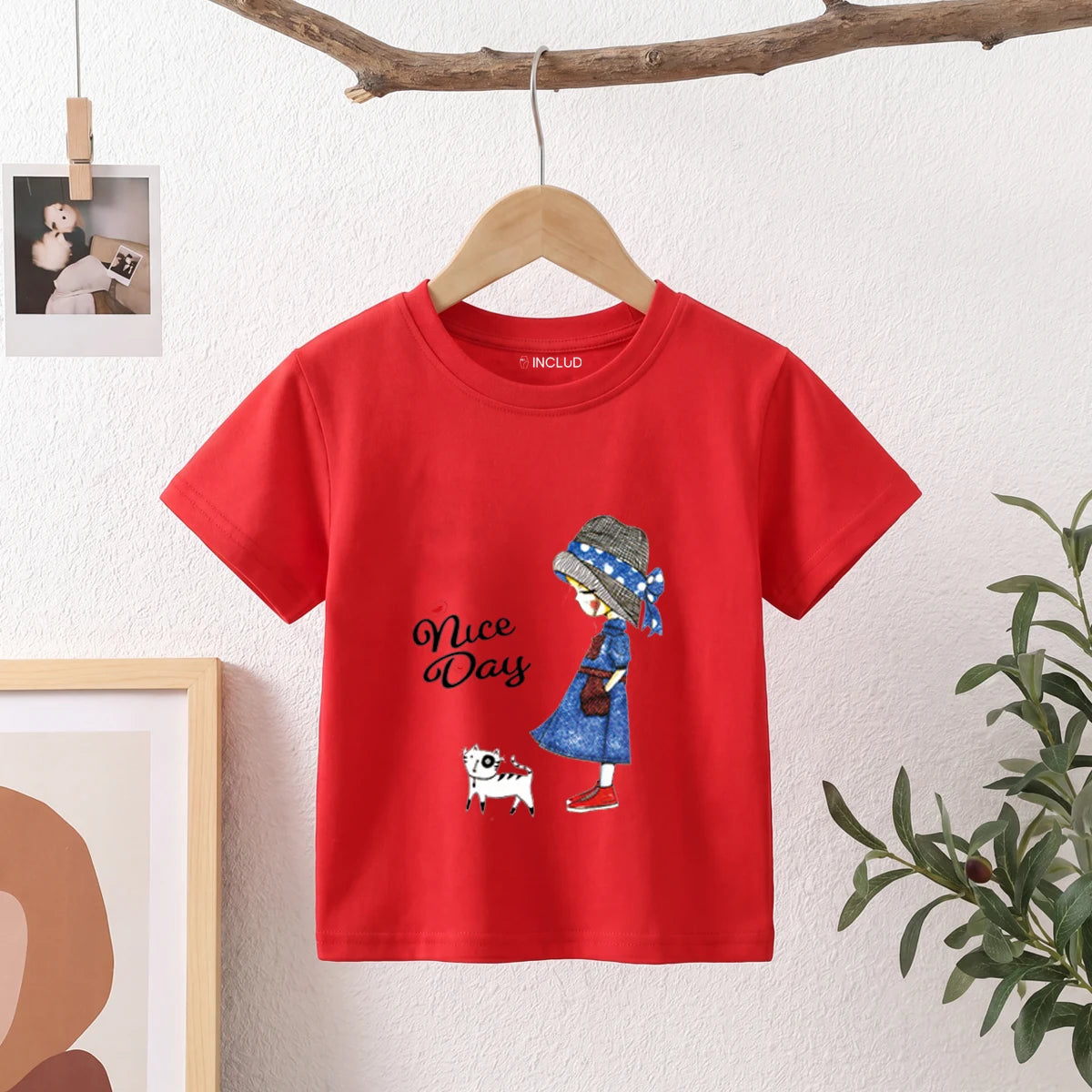 Girls Red Nice Day Typography Print Short Sleeve T-Shirt Tshirts Red 1-2 Y