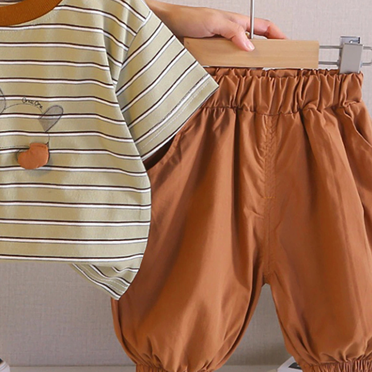 Boys Khaki Dog Print Striped T-Shirt with Elasticated Shorts Sets 2 pc. Sets