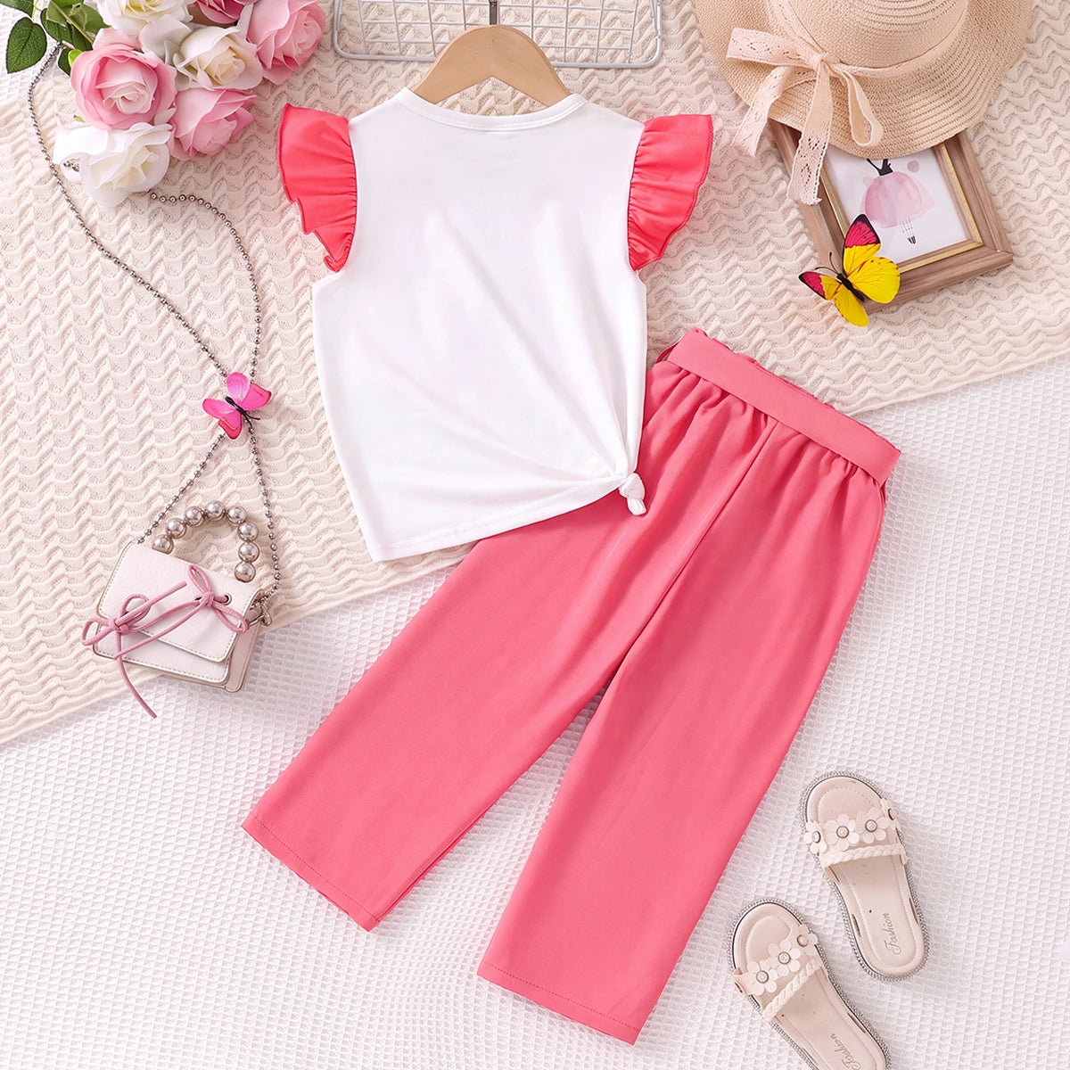 Girls White Round Neck Butterfly Print T-Shirt With Pants Sets 2 pc. Sets