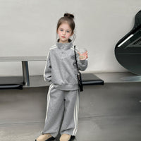 Girls Grey Solid Half Zipper Sweatshirt With Pants Winter Co-ord Set 2 pc. Sets