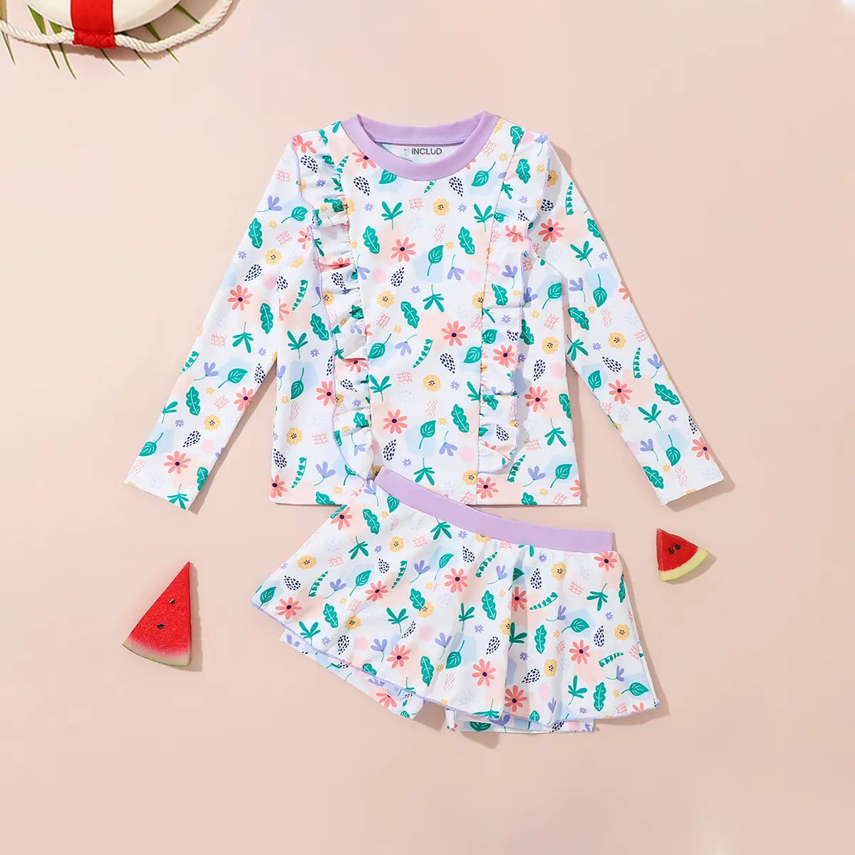 Girls Off White Floral Print Top With Skorts Swimwear Sets Beachwear Off White 3-4 Y