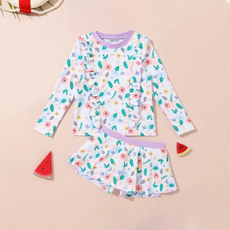 Girls Off White Floral Print Top With Skorts Swimwear Sets Beachwear Off White 3-4 Y