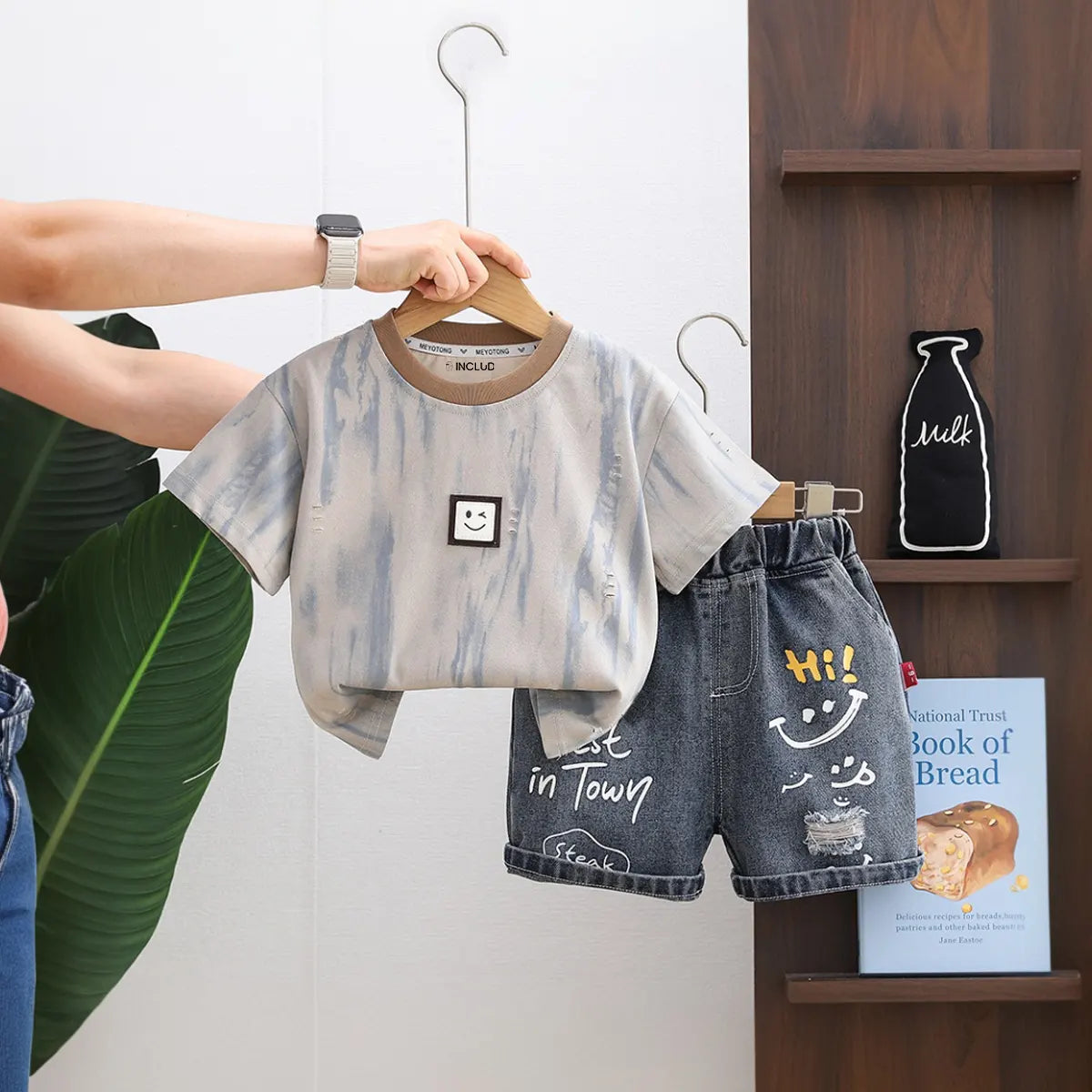 Boys Light Grey Short Sleeves T-Shirt With Printed Denim Shorts Set Sets Light Grey 1-2 Y