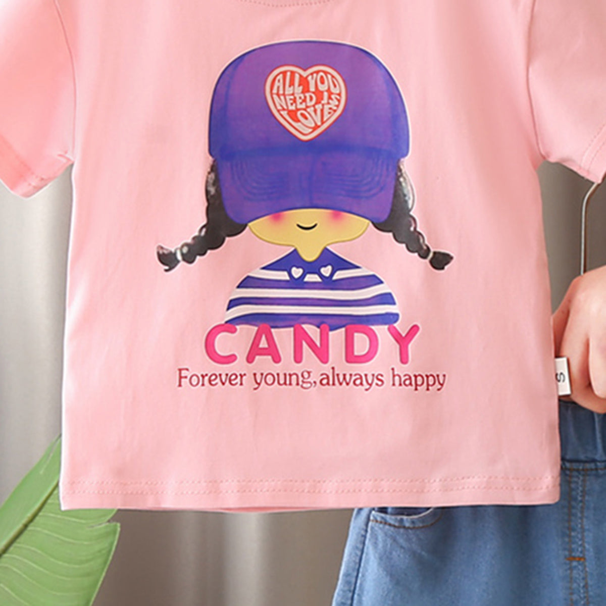 Girls Light Pink Graphic Short Sleeves T-Shirt With Denim Shorts 2 pc. Sets
