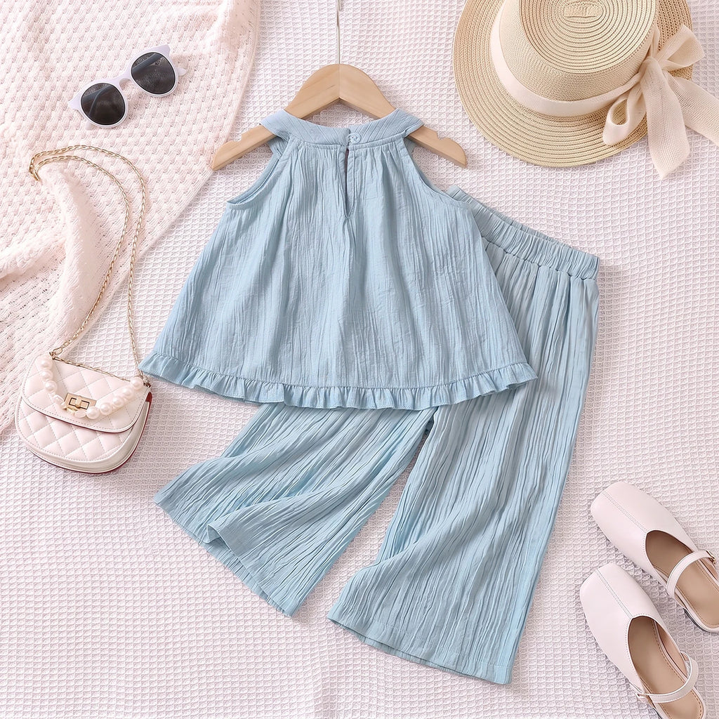 Girls Light Blue Sleeveless Top With Elasticated Pants Sets 2 pc. Sets