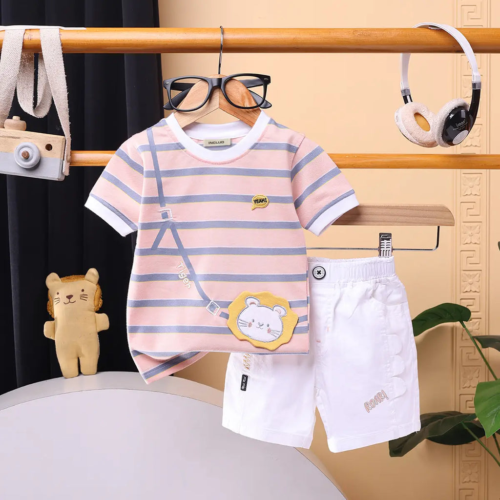 Boys Peach Stripes Short Sleeve Print Applique T-Shirt With Elasticated Shorts Sets 2 pc. Sets Peach 0-3 M