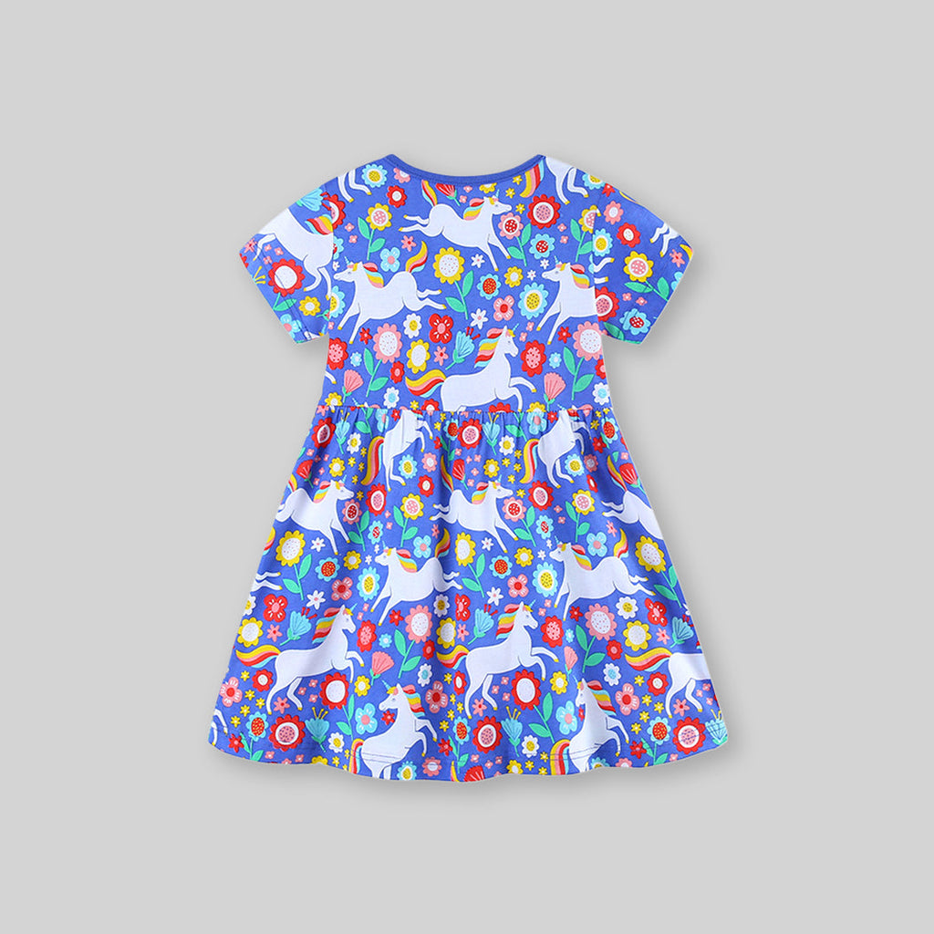Girls Short Sleeve Unicorn Printed Dress Casual Dresses   